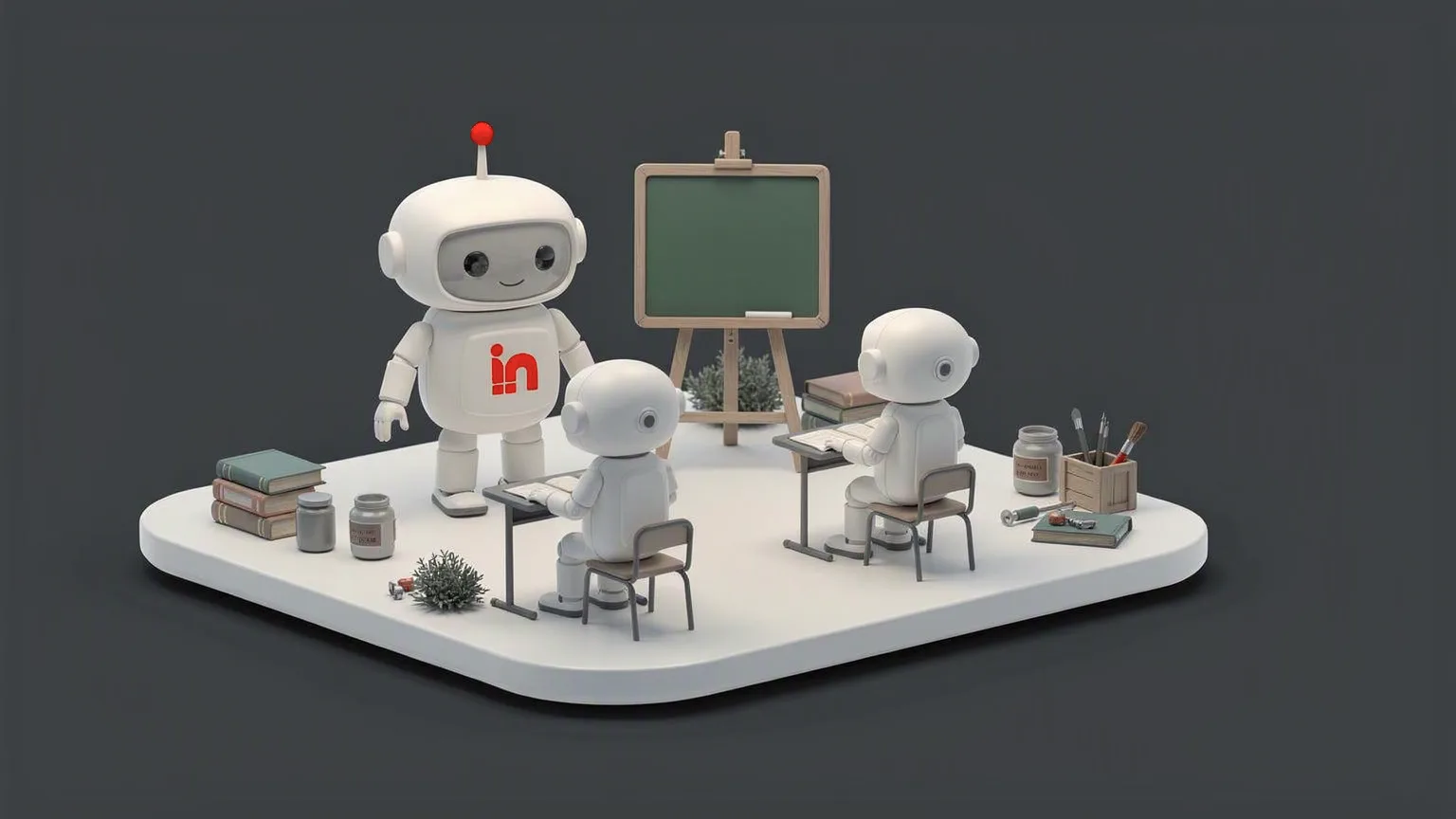 Ved en tavle underviser en robot to mindre robotter; den ene sidder på en bog, den anden står