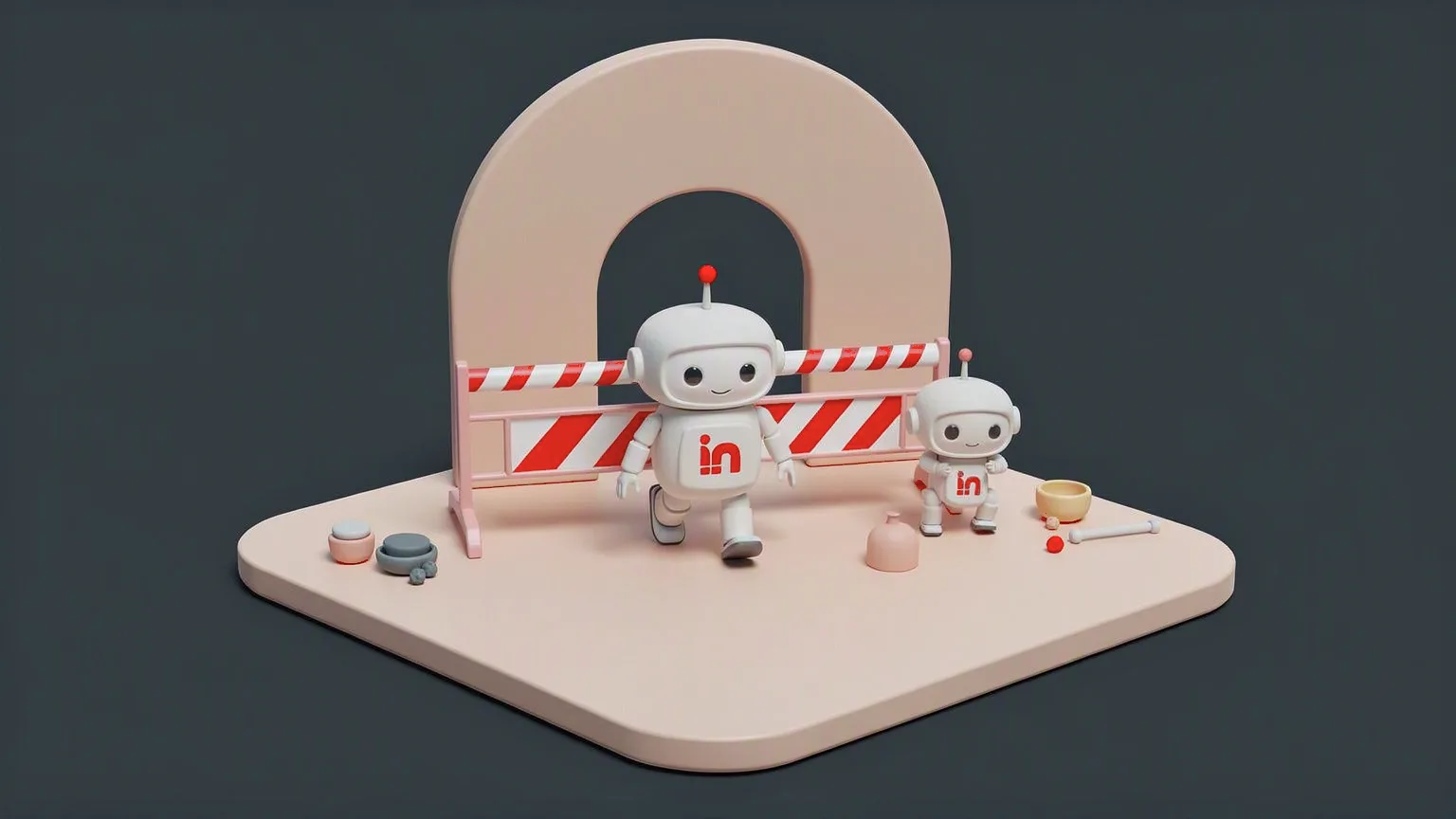 Bag en rød-hvidstribet bom venter én robot, mens en anden går gennem en hvid bue ved siden af